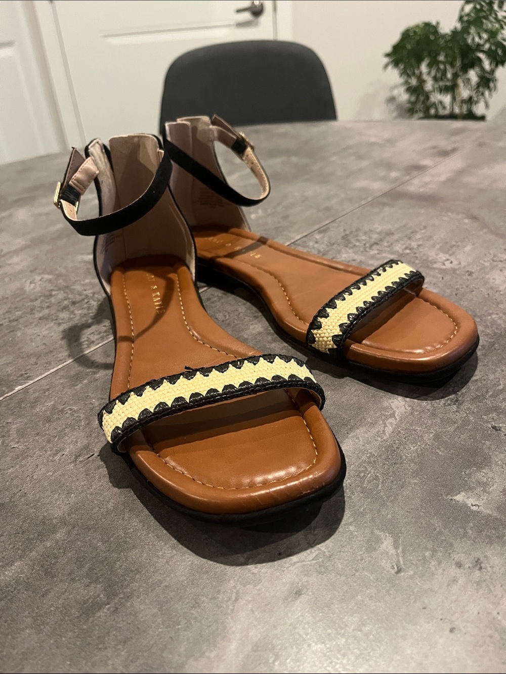 Kelly & Katie Black Ankle-Strap Sandals with Yellow Braided Accent